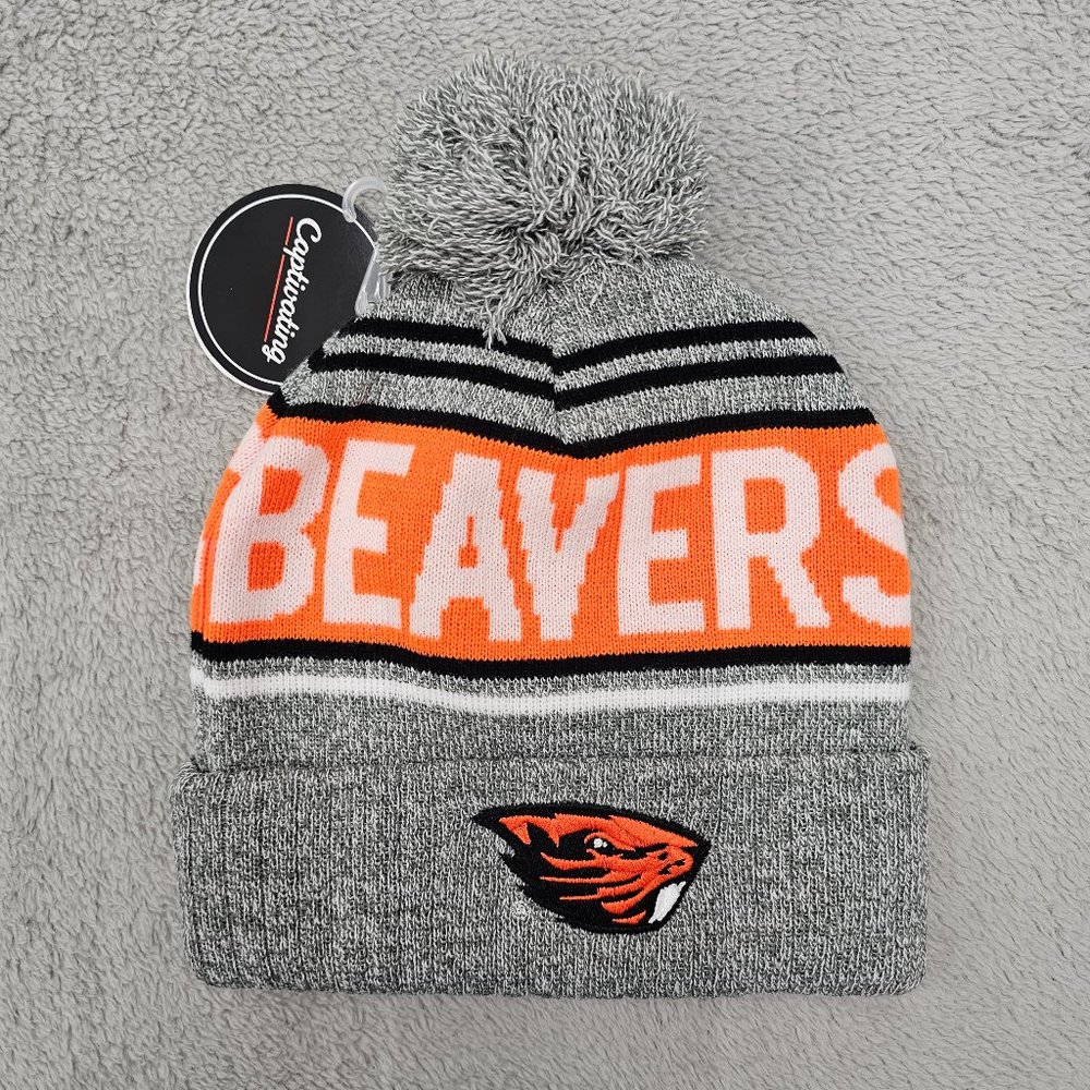 Beavers Pom Pom Cuffed Knit Beanie Hat - Gray & Orange